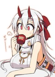 Rule 34 | 1girl, bare arms, bow, cup, drinking, fate (series), headband, highres, horns, oni horns, pom pom (cheerleading), red eyes, silver hair, simple background, tomoe gozen (fate), white background, yuuhi alpha