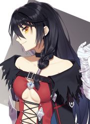 Rule 34 | 1girl, bandaged arm, bandages, black background, black choker, black coat, black hair, braid, breasts, choker, coat, commentary, cross-laced clothes, eyelashes, gradient background, grey background, hand up, highres, long hair, looking at viewer, medium breasts, profile, red shirt, shirt, side braid, simple background, smile, solo, tales of (series), tales of berseria, torn clothes, underboob, upper body, usatarou (pokesp tarou), velvet crowe, white background, yellow eyes