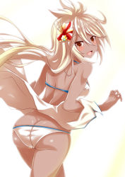Rule 34 | 1girl, :d, ass, ayasato karen, bare arms, bare shoulders, bikini, blonde hair, blush, breasts, brown eyes, butt crack, cwind, dark-skinned female, dark skin, flower, gradient hair, granblue fantasy, hair between eyes, hands up, hibiscus, highres, leaning forward, long hair, looking at viewer, medium breasts, multicolored hair, off shoulder, open mouth, red flower, shiny skin, shoulder blades, silver hair, smile, solo, standing, swimsuit, two-tone background, very long hair, white bikini, zooey (granblue fantasy)