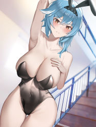 Rule 34 | 1girl, absurdres, animal ears, arm up, armpits, bare arms, bare shoulders, black hairband, black leotard, blue hair, blush, breasts, brown eyes, cleavage, collarbone, commentary, cowboy shot, eula (genshin impact), fake animal ears, genshin impact, hair between eyes, hairband, hand on own chest, highres, indoors, large breasts, leotard, looking at viewer, nose blush, playboy bunny, rabbit ears, railing, shine (shine art), short hair, solo, stairs, standing, strapless, strapless leotard, thighs