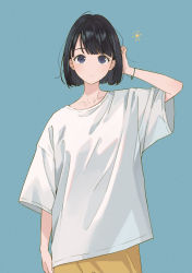 Rule 34 | 1girl, absurdres, arm at side, black hair, blue background, blue eyes, bob cut, bracelet, collarbone, commentary request, expressionless, hand in own hair, hand up, highres, jewelry, looking at viewer, original, sako (35s 00), shirt, short hair, solo, t-shirt, upper body, white shirt