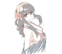 Rule 34 | 1girl, bare shoulders, bikini, black hair, blush, breasts, cleavage, closed mouth, earrings, hair ornament, hairband, highres, jewelry, large breasts, long hair, looking at viewer, mitsugu, red bikini, red eyes, sidelocks, simple background, smile, solo, spy x family, swimsuit, upper body, white background, yor briar