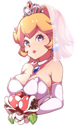 Rule 34 | 1girl, absurdres, bare shoulders, blonde hair, blue eyes, bouquet, breasts, bridal veil, cleavage, earrings, elbow gloves, flower, gloves, gokuu (acoloredpencil), highres, jewelry, lips, looking at viewer, mario (series), medium breasts, necklace, nintendo, parted lips, piranha plant, ponytail, princess peach, shiny skin, simple background, smile, solo, strapless, super mario odyssey, tiara, upper body, veil, white background, white gloves