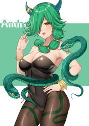 Rule 34 | 1girl, absurdres, andromalius (my heroes), animal ears, bare shoulders, black leotard, black pantyhose, blush, bracelet, breasts, brown eyes, character name, cleavage, collarbone, contrapposto, cowboy shot, green hair, hair over one eye, hand on own hip, highres, horns, jewelry, large breasts, leotard, looking at viewer, medium hair, my heroes - dungeon adventure, nontraditional playboy bunny, pantyhose, parted lips, photoshop (medium), playboy bunny, revision, smile, snake, strapless, strapless leotard, tongue, tongue out, ying jing meng