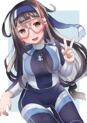 Rule 34 | 1girl, absurdres, black hair, black wetsuit, blue background, blue headband, blush, bodysuit, breasts, brown eyes, diving mask, diving suit, goggles, hatsushimo (kancolle), hatsushimo kai ni (kancolle), headband, highres, kantai collection, long hair, looking at viewer, low-tied long hair, medium breasts, open mouth, shirasumato, sitting, smile, snorkel, solo, two-tone background, v, wetsuit, white background