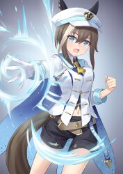 Rule 34 | 1girl, absurdres, animal ears, ascot, belt, black shorts, blue cape, blush, breasts, brown hair, cape, career inada, cheval grand (umamusume), clenched hand, commentary request, cowboy shot, ear covers, ears through headwear, gloves, grey background, hair between eyes, hat, hat belt, highres, horse ears, horse girl, jacket, looking at viewer, medium breasts, midriff peek, multicolored hair, navel, open mouth, peaked cap, short shorts, shorts, sidelocks, simple background, single glove, solo, streaked hair, umamusume, white gloves, white hat, white jacket, yellow ascot