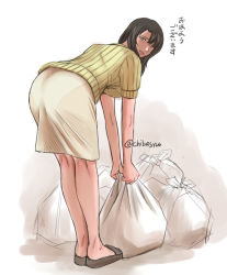 Rule 34 | 1girl, ass, bag, bent over, black eyes, black footwear, black hair, chiba shuusaku, commentary, from behind, holding, holding bag, kneepits, leaning forward, looking at viewer, looking back, mature female, medium hair, medium skirt, open mouth, original, pantylines, ribbed sweater, sandals, short sleeves, skirt, smile, solo, standing, sweater, translated, trash bag, twitter username, white skirt, yellow sweater
