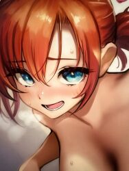 Rule 34 | 1girl, bare arms, bare shoulders, blue eyes, blush, boudica (fate), breasts, breath, fate/grand order, fate (series), heavy breathing, highres, light blush, looking at viewer, medium breasts, meme50, nude, open mouth, red hair, short hair, simple background, smile, tongue