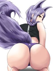 Rule 34 | 1girl, absurdres, animal ears, ass, ass focus, bare shoulders, barefoot, braid, brown eyes, clothes writing, foreshortening, from behind, highres, huge ass, kilroylw, looking at viewer, looking back, original, panties, purple hair, purple panties, shiny skin, shirt, simple background, single braid, solo, tail, thong, underwear, white background, wolf ears, wolf tail