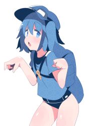 Rule 34 | 1girl, backpack, bag, blue eyes, blue hair, cabbie hat, chestnut mouth, colored eyelashes, cowboy shot, fuukadia (narcolepsy), goggles, goggles on headwear, hat, kawashiro nitori, key, looking at viewer, matching hair/eyes, school swimsuit, shirt, simple background, solo, swimsuit, swimsuit under clothes, t-shirt, touhou, two side up