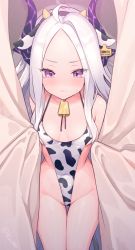 Rule 34 | 1girl, ahoge, alternate costume, animal ears, animal print, barcode, bell, bent over, blue archive, blush, breasts, cleavage, collarbone, commentary request, cow ears, cow horns, cow print, cowbell, crying, crying with eyes open, curtains, demon girl, demon horns, ear tag, embarrassed, fake animal ears, forehead, groin, headband, highleg, highleg swimsuit, highres, hina (blue archive), holding, horns, long hair, looking at viewer, midriff, multiple horns, nishiki koi, parted bangs, parted lips, purple eyes, sidelocks, silver hair, small breasts, solo, spaghetti strap, sweat, swimsuit, tearing up, tears, thigh gap