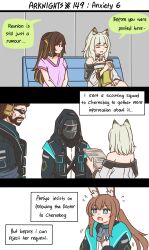 Rule 34 | 1boy, 1other, 3girls, amiya (arknights), animal ear fluff, animal ears, arknights, beard, black jacket, blonde hair, blue eyes, brown hair, character request, closed eyes, closed mouth, coffee cup, comic, commentary, cup, disposable cup, doctor (arknights), dress, ear protection, english commentary, english text, facial hair, flying sweatdrops, folinic (arknights), green dress, grey hair, grey jacket, guin guin, hair between eyes, highres, holding, holding cup, hood, hood down, hood up, hooded jacket, jacket, kal&#039;tsit (arknights), long hair, multicolored hair, multiple girls, mustache, off-shoulder jacket, off shoulder, on bench, open clothes, open jacket, open mouth, pink shirt, ponytail, profile, rabbit ears, shirt, short sleeves, sitting, streaked hair, sunglasses, very long hair