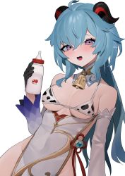 Rule 34 | 1girl, ahoge, baby bottle, bare shoulders, bebe (bebe pp), bikini, black gloves, blue hair, bottle, breasts, commentary, cowbell, curled horns, detached collar, detached sleeves, ganyu (genshin impact), genshin impact, gloves, goat horns, hair between eyes, hand up, highres, holding, holding bottle, horns, long hair, looking at viewer, lower teeth only, medium breasts, milk, no panties, open mouth, purple eyes, simple background, solo, sweat, swimsuit, teeth, tongue, underboob, vision (genshin impact), wavy mouth, white background, white bikini