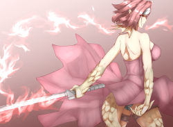 Rule 34 | 1girl, back, bare shoulders, blush, breasts, claws, dragon girl, dragon tail, dress, fins, fire, granberia, head fins, holding, holding weapon, mon-musu quest!, monster girl, pink dress, red hair, reptile girl, scales, short hair, sleeveless, sleeveless dress, solo, strapless, strapless dress, sword, tail, weapon, yellow eyes