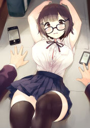 Rule 34 | 1girl, armpits, arms up, black eyes, black hair, blush, breasts, brown eyes, brown hair, card (medium), cellphone, cleavage, glasses, hair between eyes, hair ornament, hairclip, hairpin, hands up, highres, huge breasts, large breasts, lying, mole, mole under eye, ochinsama, open clothes, open mouth, open shirt, original, phone, pov, pov hands, ribbon, shirt, short hair, short sleeves, skirt, smartphone, thighhighs, thighs, white shirt