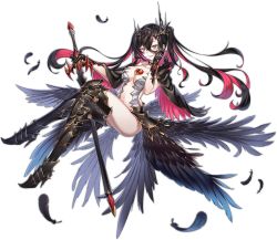 Rule 34 | 1girl, ark order, armored boots, artist request, basilisk (ark order), black cape, black footwear, black hair, black wings, boots, breasts, cape, colored inner hair, crown, eyeball, falling feathers, feathered wings, feathers, full body, grin, holding, holding sword, holding weapon, large breasts, long hair, looking at viewer, multicolored hair, multiple wings, official art, pink hair, red eyes, seraph, sharp teeth, smile, solo, sword, tachi-e, teeth, thigh boots, thighhighs, third eye, transparent background, twintails, very long hair, weapon, wings