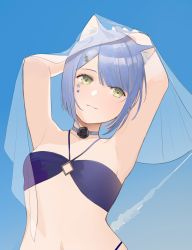 Rule 34 | 1girl, animal ears, armpits, arms up, bad id, bad pixiv id, bare arms, bikini, blue bikini, blue choker, blue hair, blue sky, breasts, cat ears, chilli 646, choker, closed mouth, commentary, contrail, day, facial mark, flower choker, hair ornament, hairclip, highres, light smile, looking at viewer, original, outdoors, sky, small breasts, solo, star (symbol), star facial mark, swimsuit, upper body, yellow eyes