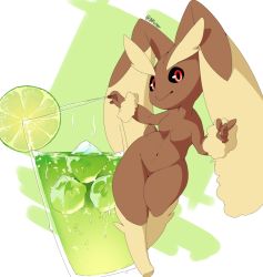 Rule 34 | 1girl, animal ears, arms up, artist name, black sclera, breasts, colored sclera, creatures (company), cup, drink, drinking glass, female focus, food, fruit, full body, furry, furry female, game freak, gen 4 pokemon, glass, green background, ice, imppix, lime (fruit), lime slice, looking at viewer, lopunny, navel, nintendo, no nipples, nude, pokemon, pokemon (creature), pokemon dppt, rabbit ears, rabbit tail, red eyes, simple background, small breasts, smile, solo, standing, tail, text focus, twitter username, two-tone background