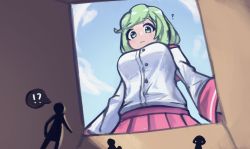 Rule 34 | absurdres, bad link, box, breasts, cloud, copyright request, day, from below, giant, giantess, green eyes, green hair, highres, jacket, red skirt, skirt, sky, speech bubble, white jacket