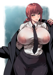 Rule 34 | 1girl, alternate breast size, blush, braid, breasts, brown eyes, chainsaw man, coat, formal, highres, huge breasts, long hair, looking at viewer, makima (chainsaw man), musashino sekai, necktie, nipples, no bra, red hair, see-through, smile, solo, suit
