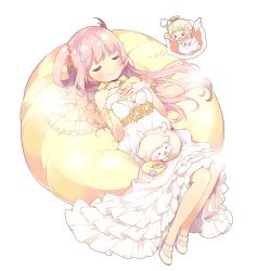 Rule 34 | 1girl, angel wings, blush, breast suppress, cushion, detached wings, dress, closed eyes, full body, hair ornament, halo, high heels, long hair, lying, official art, on back, one side up, pink hair, pumps, sheep, smile, solo, sweatdrop, thought bubble, transparent background, uchi no hime-sama ga ichiban kawaii, white dress, wings