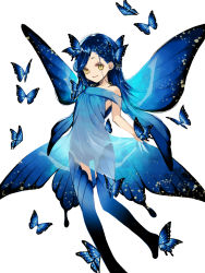 Rule 34 | 1girl, bad feet, bare shoulders, blue butterfly, blue dress, blue hair, blue legwear, blue theme, blue wings, braid, braided bangs, bug, butterfly, butterfly dress, butterfly on head, butterfly wings, closed mouth, dress, feet out of frame, flying, hair ornament, hair over one eye, hair strand, hair wings, highres, honzuki no gekokujou, insect, insect wings, jewelry, keiko (x h2o), long hair, looking at viewer, multiple braids, myne (honzuki no gekokujou), necklace, off-shoulder dress, off shoulder, print legwear, see-through silhouette, simple background, skirt hold, smile, solo, white background, wings