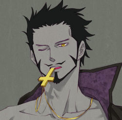 Rule 34 | 1boy, black hair, cross, dracule mihawk, facial hair, inverted cross, jewelry, lining, lowres, male focus, mouth hold, mustache, necklace, one eye closed, one piece, solo, wink, yellow eyes
