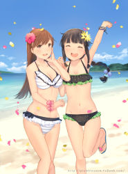 Rule 34 | 10s, 2girls, :d, ^ ^, arm up, beach, bikini, black hair, blush, braid, breasts, brown eyes, brown hair, cleavage, closed eyes, day, flower, frilled bikini, frills, hair flower, hair ornament, hibiscus, kantai collection, kitakami (kancolle), long hair, looking at viewer, multiple girls, navel, ooi (kancolle), open mouth, petals, raised fist, sandals, scrunchie, small breasts, smile, striped bikini, striped clothes, swimsuit, ume (plumblossom), wrist scrunchie