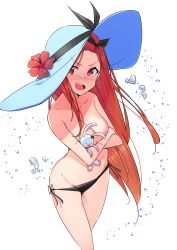 Rule 34 | 1girl, absurdres, bikini, bikini bottom only, black bikini, black ribbon, blue hat, blush, breasts, brown hair, cleavage, collarbone, feet out of frame, from above, hair ribbon, hat, highres, hugging object, idolmaster, idolmaster (classic), kouki (chancegak), large breasts, long hair, looking at viewer, minase iori, open mouth, red eyes, ribbon, side-tie bikini bottom, simple background, solo, stuffed animal, stuffed rabbit, stuffed toy, swimsuit, tearing up, teeth, topless, upper teeth only, white background