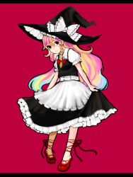 Rule 34 | 1girl, ankle lace-up, bad id, bad pixiv id, blonde hair, blue hair, braid, cross-laced footwear, female focus, hat, kirisame marisa, letterboxed, long hair, multicolored hair, pigeon-toed, pink hair, red background, ribbon, side braid, simple background, smile, solo, tan (tangent), ted (artist), touhou, witch, witch hat
