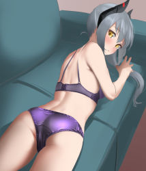 Rule 34 | 1000-chan, 1girl, ass, back, bare arms, bare legs, bare shoulders, blush, bra, commission, couch, from behind, grey hair, highres, long hair, looking at viewer, looking back, lying, oizumi, on stomach, panties, pixiv commission, purple bra, purple panties, satin bra, satin panties, solo, tama (tamago), underwear, underwear only, yellow eyes