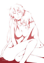 Rule 34 | 2girls, absurdres, breasts, collarbone, closed eyes, facing viewer, highres, kino (357652722), kiss, long hair, medium breasts, monochrome, multiple girls, no nipples, nude, original, red theme, kissing shoulder, simple background, sketch, v arms, very long hair, white background, yuri