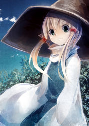 Rule 34 | 1girl, blonde hair, blue eyes, blue skirt, blue vest, closed mouth, cowboy shot, day, floral print, from side, hair ribbon, hat, highres, long sleeves, looking at viewer, looking to the side, mankun, moriya suwako, outdoors, plant, red ribbon, ribbon, sidelocks, skirt, skirt set, sky, smile, solo, touhou, tress ribbon, vest, wide sleeves