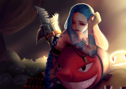 Rule 34 | 1girl, ammunition belt, blue hair, braid, highres, jinx (league of legends), league of legends, ling (vivianling), long hair, parted lips, red eyes, sitting, solo, tattoo, topless, very long hair