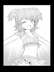 Rule 34 | 1girl, :d, akagi miria, black border, blush, border, child, greyscale, hair ornament, hair scrunchie, healthyman, highres, idol, idolmaster, idolmaster cinderella girls, looking at viewer, miniskirt, monochrome, navel, one eye closed, open mouth, outstretched arms, scrunchie, skirt, smile, solo, spread arms, two side up