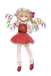 Rule 34 | 1girl, ascot, blonde hair, closed mouth, crystal, flandre scarlet, full body, hat, highres, looking at viewer, mob cap, one side up, pointy ears, rainbow order, red eyes, reddizen, short sleeves, simple background, smile, socks, solo, touhou, white background, white hat, white socks, wings, yellow ascot