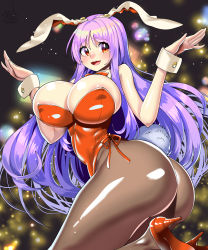 Rule 34 | 1girl, :d, animal ears, areola slip, ass, black pantyhose, black thighhighs, blurry, blurry background, breasts, detached collar, high heels, highres, huge breasts, leg up, leotard, light particles, long hair, open mouth, pantyhose, playboy bunny, purple hair, rabbit ears, rabbit girl, rabbit tail, red eyes, red footwear, reisen udongein inaba, smile, solo, tail, thighhighs, touhou, umigarasu (kitsune1963), wrist cuffs