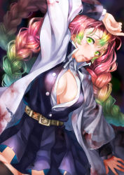 Rule 34 | 1girl, acha, arm up, belt, blood, blood on clothes, blood on face, braid, breasts, cleavage, cowboy shot, gradient hair, green eyes, green hair, haori, highres, japanese clothes, kanroji mitsuri, kimetsu no yaiba, lips, long hair, long sleeves, looking at viewer, medium breasts, miniskirt, mole, mole under eye, multicolored hair, parted lips, partially unbuttoned, pink hair, pleated skirt, shirt, skirt, solo, tri braids, two-tone hair, uniform, wide sleeves