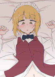 Rule 34 | 1girl, ame (amechan17391739), bed sheet, black bow, black bowtie, blonde hair, blunt bangs, blush, bob cut, bow, bowtie, brown vest, commentary, cutlass (girls und panzer), dress shirt, from above, girls und panzer, long sleeves, looking at viewer, lying, maid headdress, navel, on back, on bed, open mouth, pillow, shirt, short hair, solo, vest, white shirt, wing collar, yellow eyes