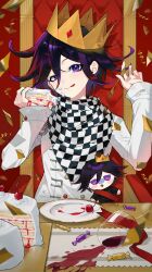 Rule 34 | 1boy, absurdres, arm belt, birthday cake, buttons, cake, cake slice, candy, character doll, checkered clothes, checkered scarf, cherry, commentary, confetti, crown, cup, danganronpa (series), danganronpa v3: killing harmony, drinking glass, flipped hair, food, food on face, fork, fruit, hair between eyes, half-closed eye, highres, holding, holding fork, licking lips, long sleeves, looking at viewer, male focus, multicolored buttons, oma kokichi, plate, purple eyes, purple hair, scarf, shirt, short hair, sitting, smile, solo, spilling, straitjacket, streamers, table, tongue, tongue out, ttegi (ddeck dg), two-tone scarf, upper body, wine glass