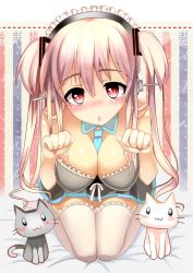 Rule 34 | 1girl, :3, bad id, bad pixiv id, between breasts, blush, breasts, cat, cleavage, collar, cosplay, hatsune miku, hatsune miku (cosplay), headphones, highres, long hair, necktie, nitroplus, open mouth, paw pose, pink hair, razuchi, red eyes, seiza, sitting, skirt, solo, striped, striped background, super sonico, thighhighs, twintails, vertical stripes, vocaloid