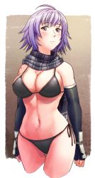 Rule 34 | 1girl, alternate costume, arms at sides, bikini, black bikini, breasts, brown background, brown eyes, cleavage, closed mouth, farleen, gloves, head tilt, large breasts, looking at viewer, navel, outside border, purple hair, scarf, short hair, side-tie bikini bottom, solo, standing, star ocean, star ocean till the end of time, string bikini, striped clothes, striped scarf, swimsuit, tattoo, thighs