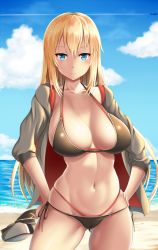 Rule 34 | 10s, 1girl, aircraft, airplane, beach, bikini, bismarck (kancolle), black bikini, blonde hair, blue eyes, blue sky, breasts, closed mouth, cloud, collarbone, contrail, cowboy shot, day, gluteal fold, halterneck, hand on own hip, hands on own hips, hat, unworn hat, unworn headwear, highres, horizon, kantai collection, large breasts, layered bikini, long hair, looking at viewer, navel, ocean, open clothes, open shirt, outdoors, peaked cap, shirt, side-tie bikini bottom, sky, smile, solo, standing, swimsuit, very long hair, water, zukky
