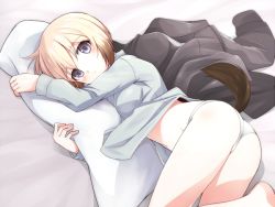 Rule 34 | 1girl, animal ears, ass, bad id, bad pixiv id, blonde hair, blue eyes, blush, body pillow, dog tail, erica hartmann, looking at viewer, lying, md5 mismatch, mobu, hugging object, on side, panties, pillow, pillow hug, short hair, solo, strike witches, tail, underwear, white panties, world witches series