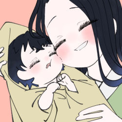 Rule 34 | 1boy, 1girl, baby, black hair, blue hair, blush, carrying, carrying person, cheek-to-cheek, closed eyes, gradient hair, green kimono, hashibira inosuke, hashibira kotoha, heads together, japanese clothes, kimetsu no yaiba, kimono, mother and son, multicolored hair, open mouth, pink background, simple background, sleeping, smile, user urfs8775