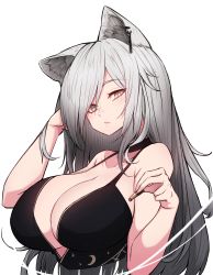 Rule 34 | 1girl, absurdres, animal ear fluff, animal ears, arknights, bare shoulders, black choker, black dress, black hair, breasts, bright pupils, cat ears, choker, cleavage, closed mouth, collarbone, cropped torso, dress, gradient hair, grey hair, hand in own hair, highres, holding, large breasts, long hair, looking at viewer, multicolored hair, rikuguma, schwarz (arknights), simple background, sleeveless, sleeveless dress, solo, white background, yellow eyes