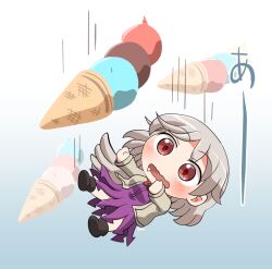 Rule 34 | 1girl, blush, boots, brown footwear, dress, drooling, feathered wings, food, grey hair, grey jacket, grey wings, ice cream, jacket, kishin sagume, long sleeves, open clothes, open jacket, open mouth, purple dress, red eyes, rokugou daisuke, short hair, signature, single wing, solo, touhou, wings