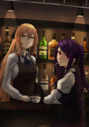 Rule 34 | alcohol, apron, bad id, bad pixiv id, bar (place), bartender, bottle, brown hair, cigarette, crossover, cup, girls&#039; frontline, green eyes, highres, jill stingray, lamp, long hair, looking at viewer, springfield (girls&#039; frontline), purple hair, red eyes, selcky, tray, va-11 hall-a, whiskey, wine, wine bottle