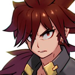 Rule 34 | 1boy, copyright request, earrings, frown, hair over one eye, jewelry, long hair, looking at viewer, male focus, parted lips, ponytail, portrait, red eyes, red hair, reiesu (reis), sanpaku, simple background, solo, upper body, white background