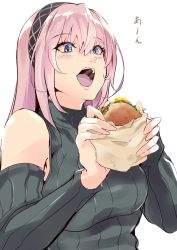 Rule 34 | 1girl, bare shoulders, black sweater, blue eyes, blush, breasts, burger, detached sleeves, eating, endou (zettai bluenoid), food, hairband, highres, holding, holding food, long hair, medium breasts, megurine luka, open mouth, pink hair, ribbed sweater, simple background, sleeveless, sleeveless sweater, smile, solo, sweater, turtleneck, turtleneck sweater, upper body, vocaloid, white background
